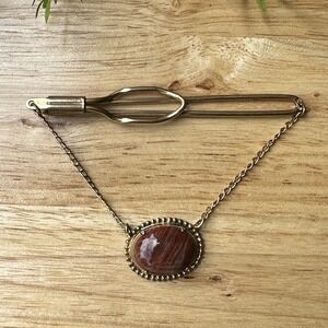 VTG Tie Bar Clip 3 Inch Chain Agatized Arizona Petrified Wood Cab Gem Gold Plate